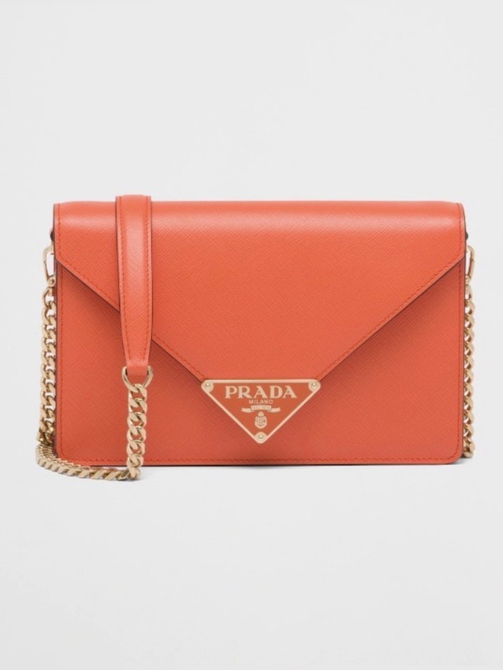 Rare Prada Arancio Saffiano Crossbody with Gold Chain and Logo Plaque